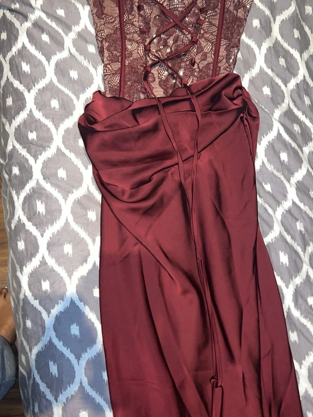 Strapless Brown Satin Gown with Embellished Corset - Picture 3 of 3